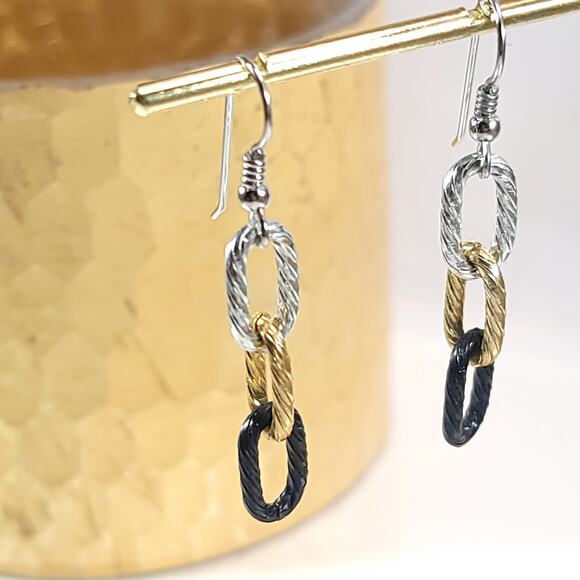 Tri-Color Link Earrings, Silver, Gold & Black Dangle Earrings, Modern Jewelry - Picture 1 of 10